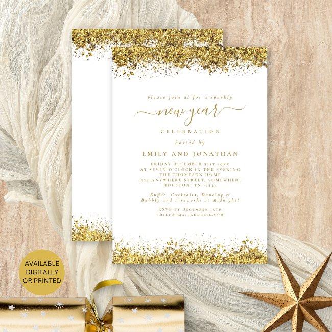 Gold Glitter Script White New Years Eve Party Invitation