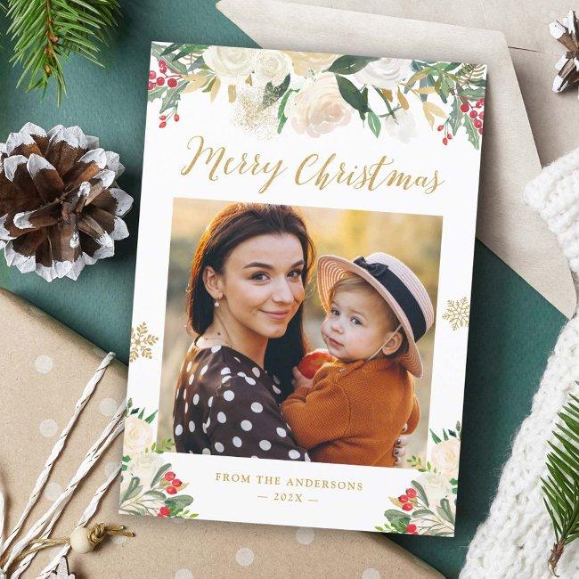 Gold Glitter Winter Floral Merry Christmas Photo Holiday Invitations