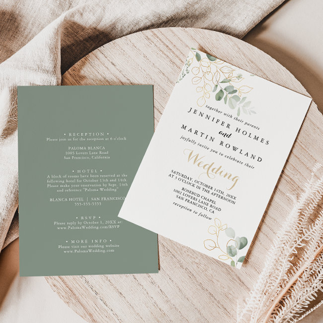 Gold Green Foliage Front & Back Wedding Invitation