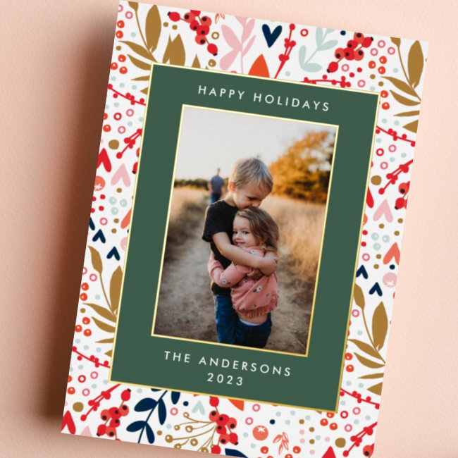 Gold Leaf Pressed Frames Christmas Theme Photo Foil Holiday Invitations