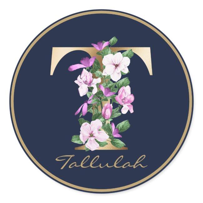 Gold Letter T Elegant Floral Monogram Classic Round Sticker
