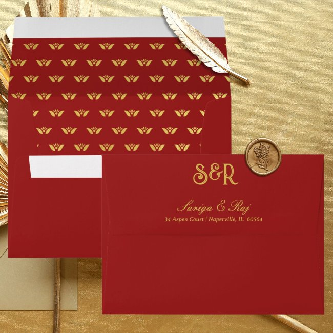Gold Lotus Flower Lined Wedding Invitation Envelope