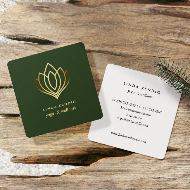 Gold Lotus | Green | Wellness Spa Massage Yoga Square Business Invitations