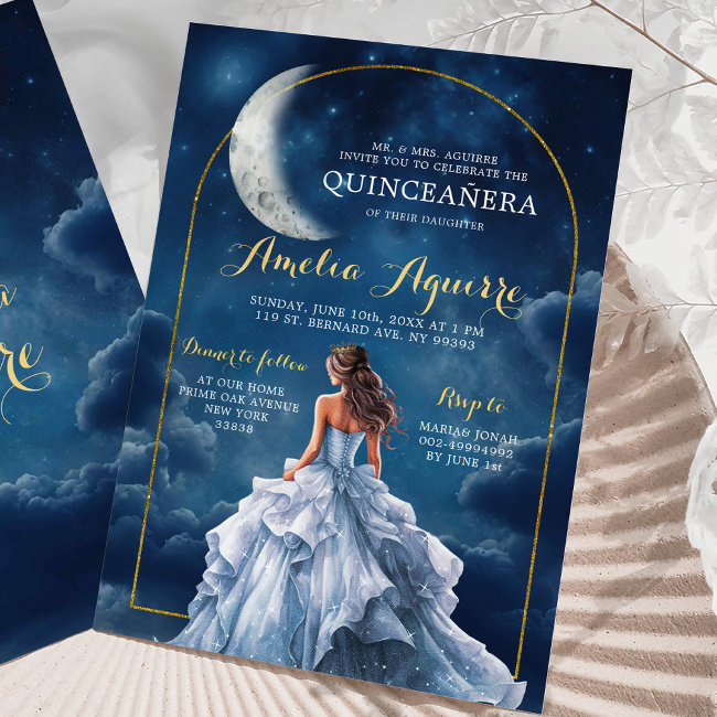 Gold Navy Blue A Night Under The Stars Quinceañera Invitation