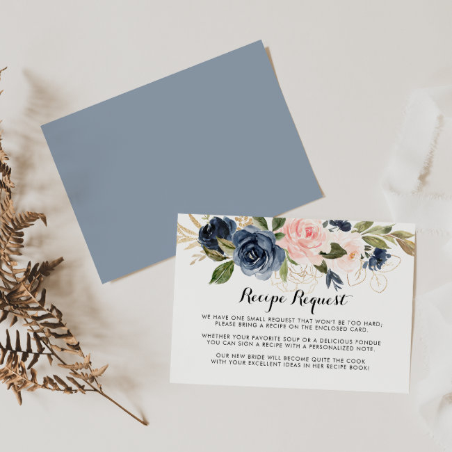Gold Navy Blue Pink Floral Wedding Recipe Request Enclosure Invitations