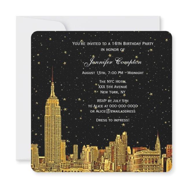 Gold Nyc Skyline Etched Starry Sky Sq Sweet 16 Invitation