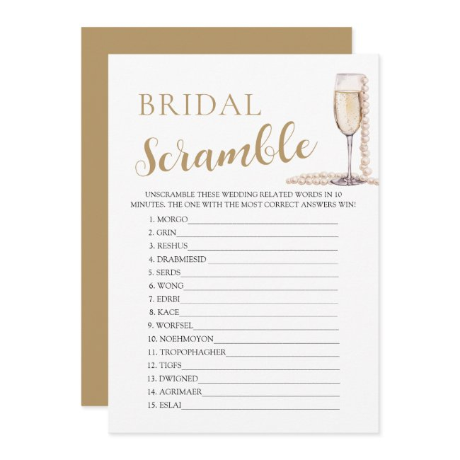 Gold Pearls And Prosecco Bridal Word Scramble Game Invitation