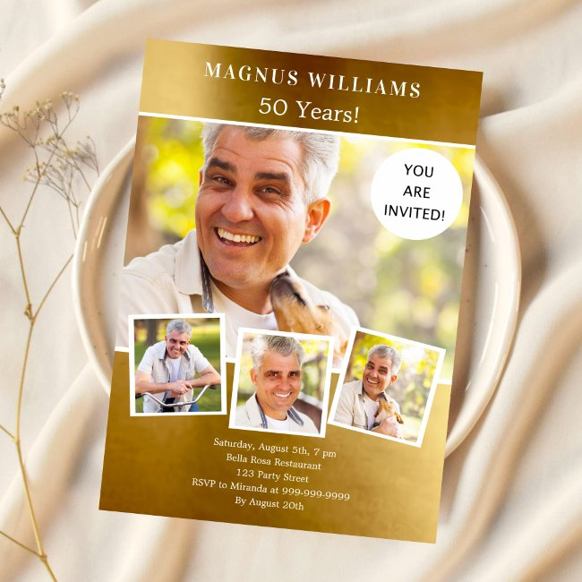 Gold Photo Collage Birthday Invitation