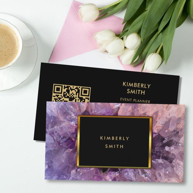 Gold Purple Amethyst Gemstone Qr Code Professional Business Invitations