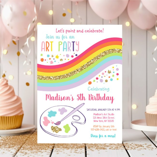 Gold Rainbow Art Party Dress For A Mess Birthday Invitation