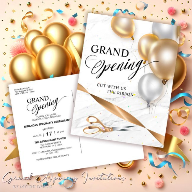 Gold Ribbon Silver Balloons Scissors Grand Opening Invitation Postinvitations