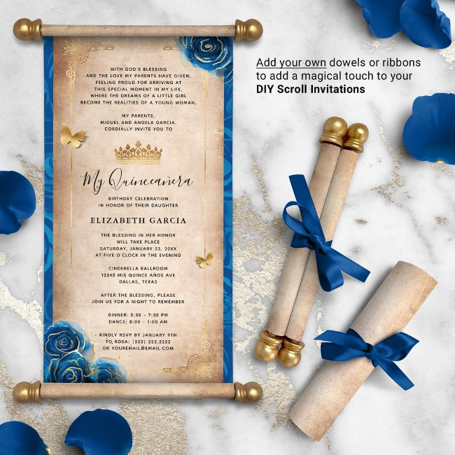 Gold Royal Blue Quinceanera Diy Scroll Invitations