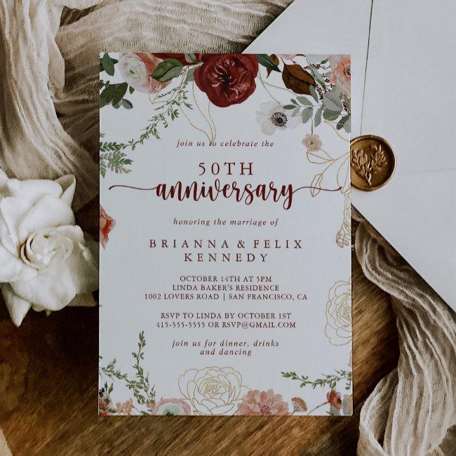 Gold Rustic Floral 50th Wedding Anniversary Invitation
