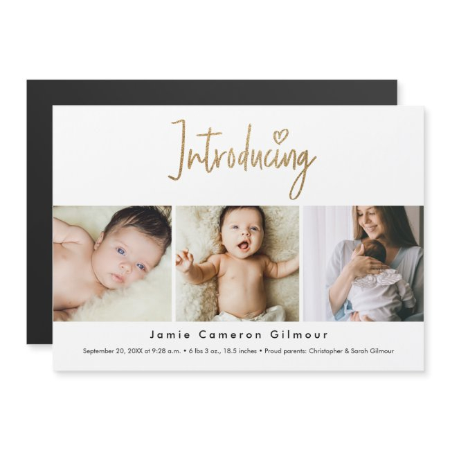 Gold Script Introducing Custom 3 Photo Baby Magnetic Invitation
