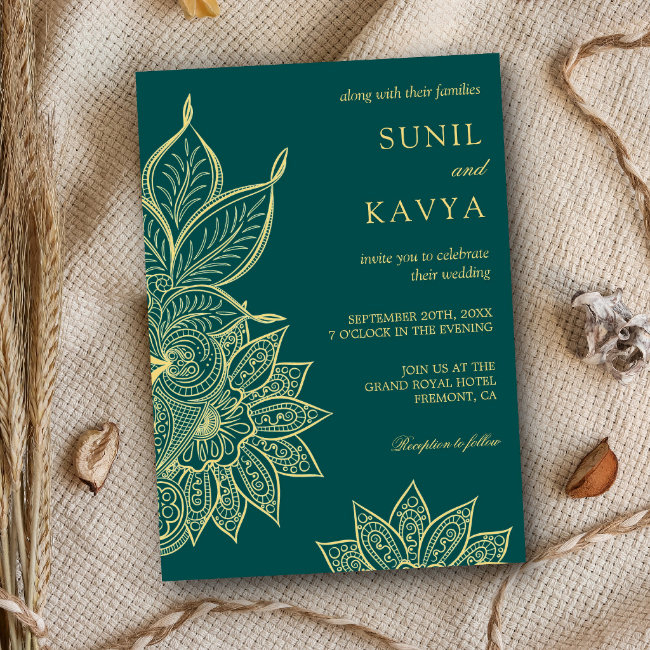 Gold Sea Green Mehendi Henna Indian Wedding Invitation