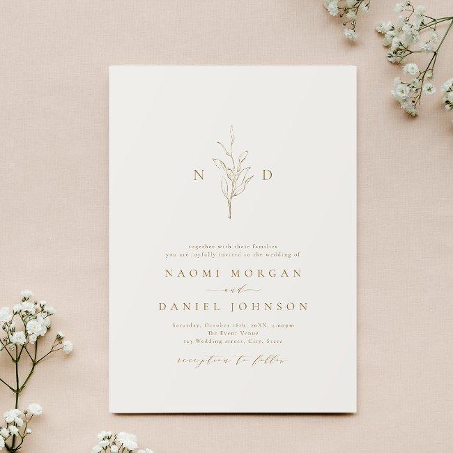 Gold Simple Botanical Monogram Rustic Wedding Invitation