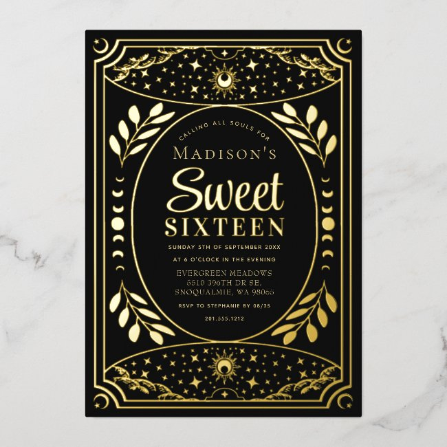 Gold Tarot Witchy Sweet 16 Birthday Party Foil Invitation