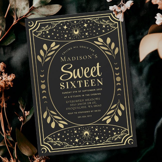 Gold Tarot Witchy Sweet 16 Birthday Party Invitation