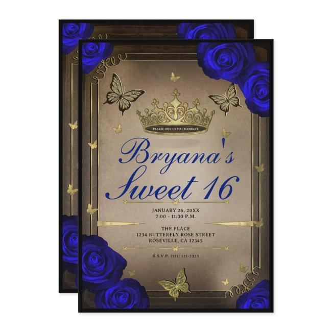 Gold Tiara Butterflies Blue Roses Sweet 16 Invitation