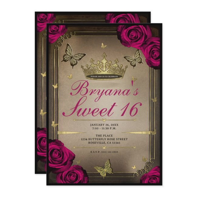 Gold Tiara Butterflies Magenta Roses Sweet 16 Invitation