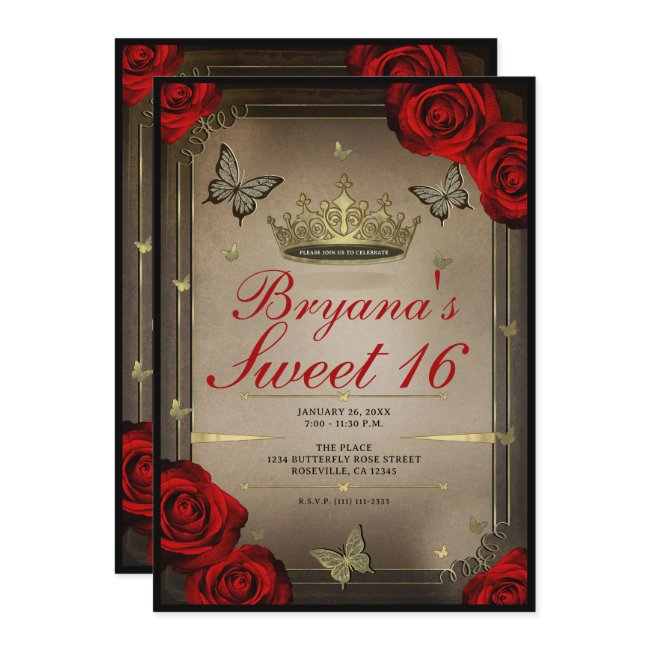 Gold Tiara Butterflies & Red Roses Sweet 16 Photo Invitation
