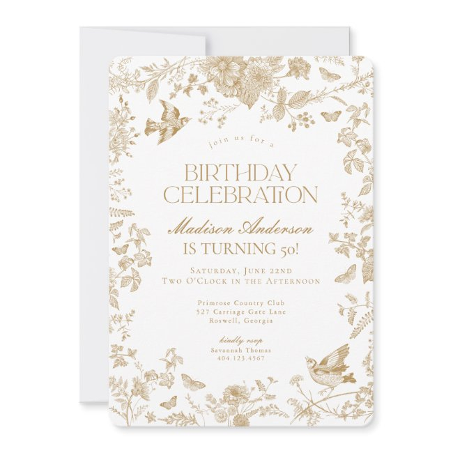 Gold Toile De Jouy French Floral Birthday Party Invitation