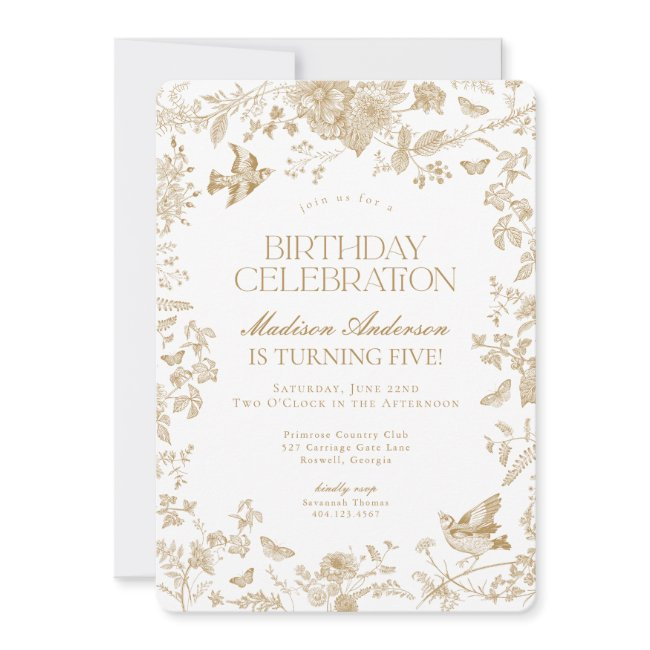 Gold Toile De Jouy French Floral Birthday Party Invitation