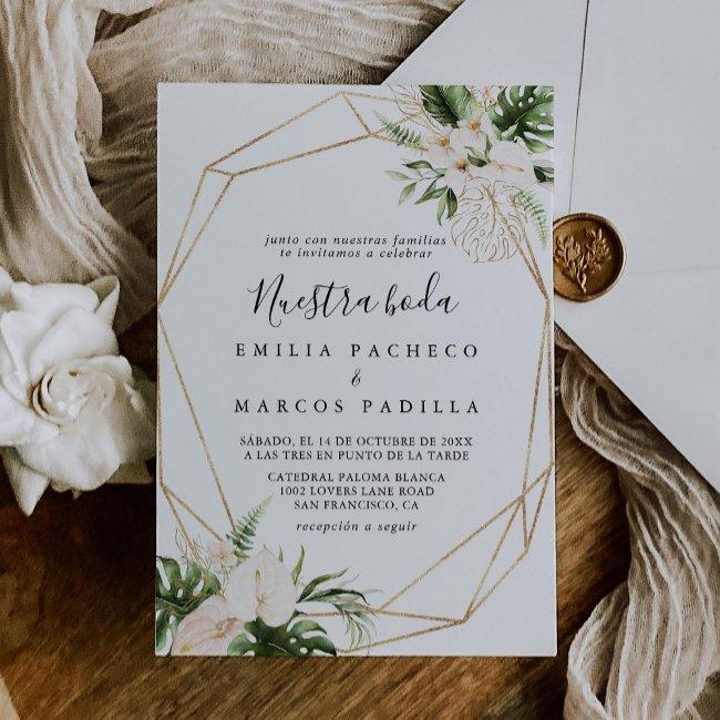 Gold Tropical Foliage Floral Nuestra Boda Wedding Invitation
