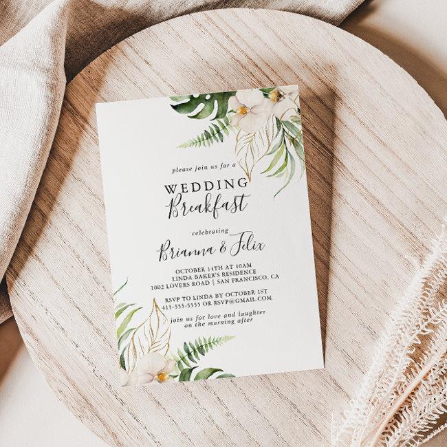 Gold Tropical Foliage Floral Wedding Breakfast Invitation