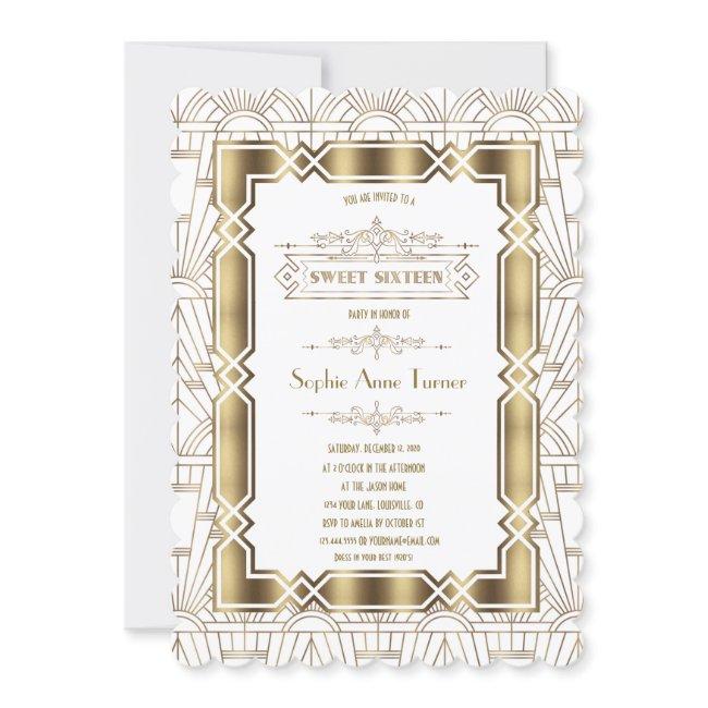 Gold White Art Deco Gatsby 20s Style Sweet 16 Invitation