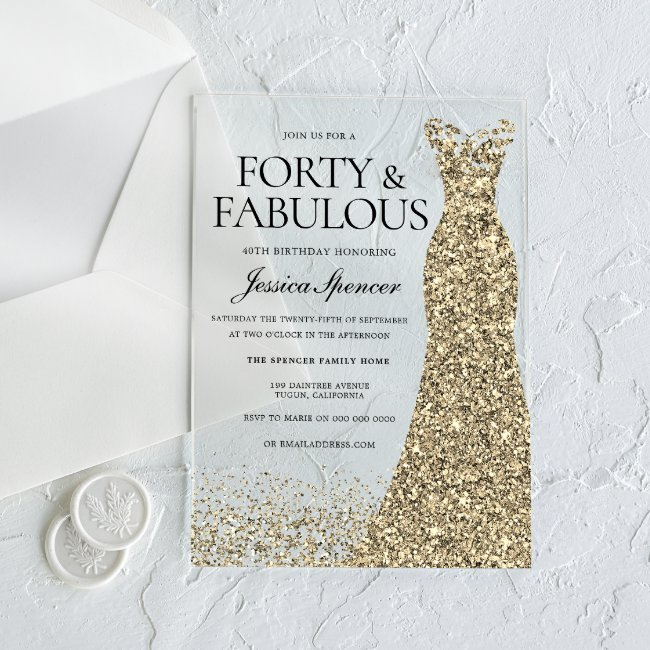 Golden Dress Womans 40th Birthday Party Acrylic Invitations