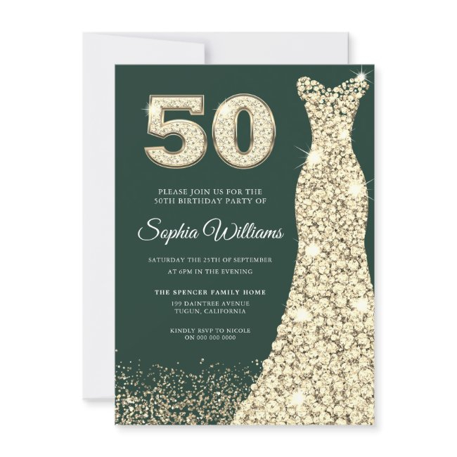 Golden Dress Womans 50th Birthday Party Green Invitation
