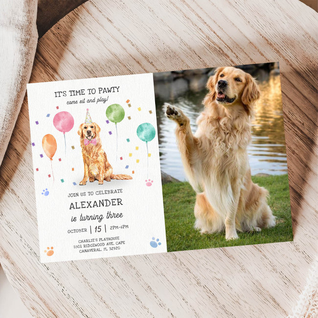 Golden Retriever Pawty Dog Puppy Birthday Blue Invitation