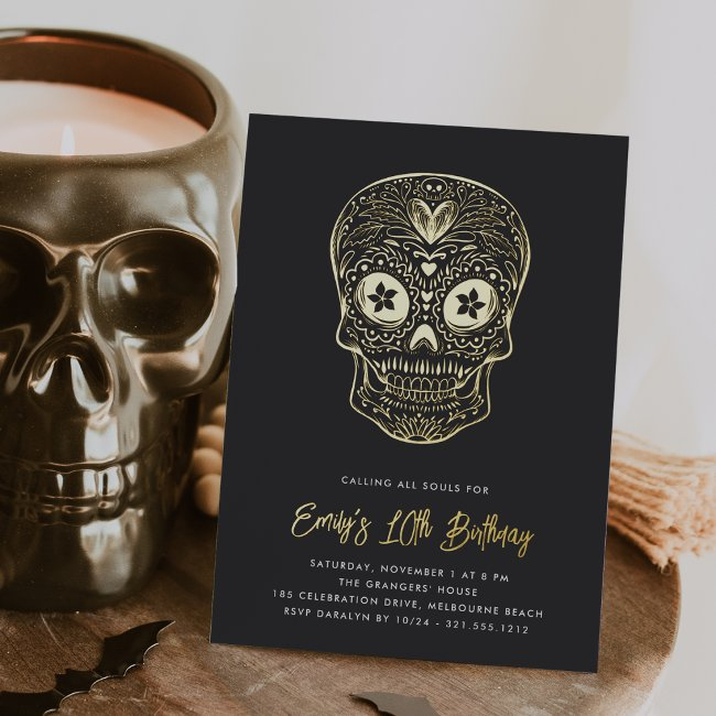 Golden Skull Dia De Los Muertos Birthday Party Foil Invitation