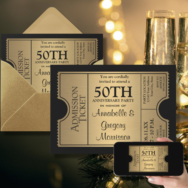 Golden Ticket Style 50th Wedding Anniversary Party Invitation