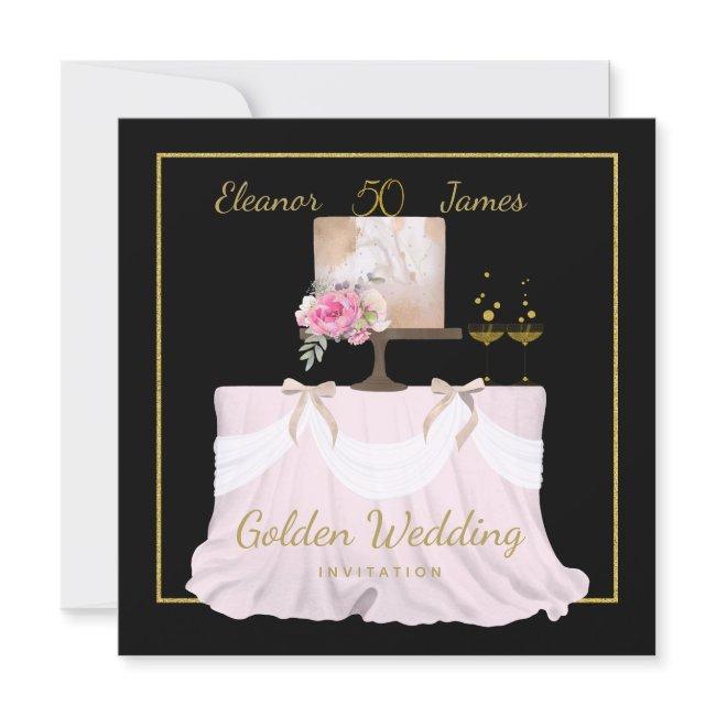Golden Wedding 50 Years Cake Names Black Gold Invitation