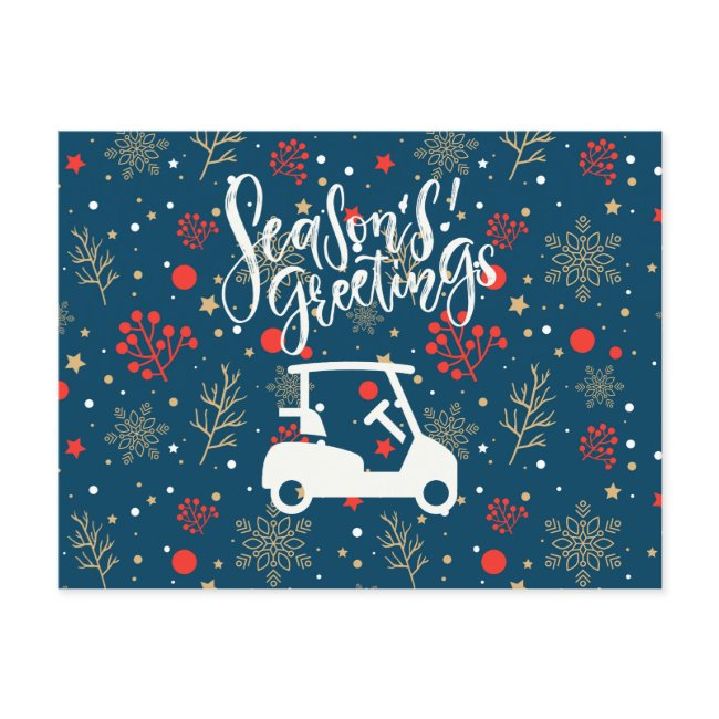 Golf Cart With Season's Greeting Snow On Blue  Holiday Postinvitations