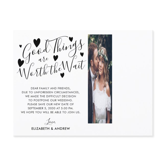 Good Things Worth The Wait Change The Date Photo Announcement Postinvitations