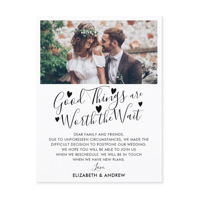 Good Things Worth Wait Wedding Postponement Photo Announcement Postinvitations