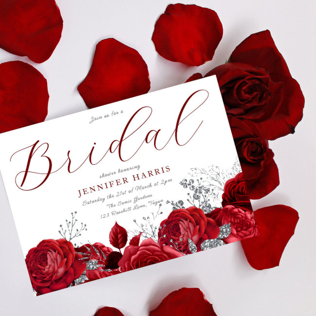Gorgeous Red Roses & Silver Bridal Shower Invitation