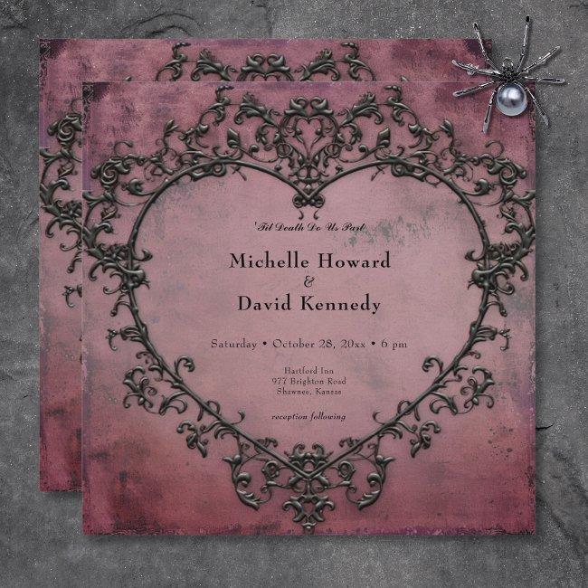 Gothic Black & Burgundy Filigree Heart Wedding Invitation