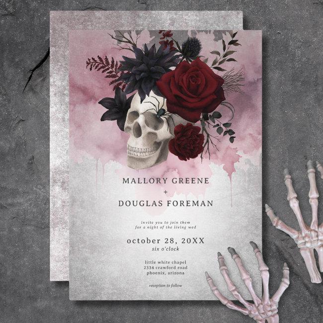 Gothic Black & Burgundy Skull & Spider Wedding Invitation