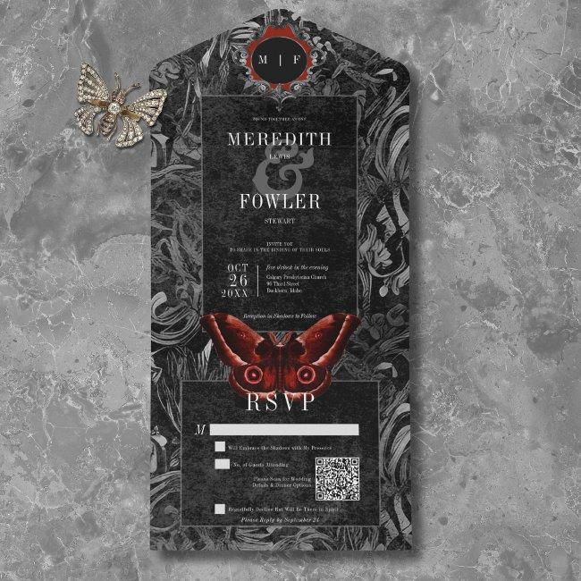 Gothic Black Red Filigree Moth Qr Code Wedding All In One Invitation