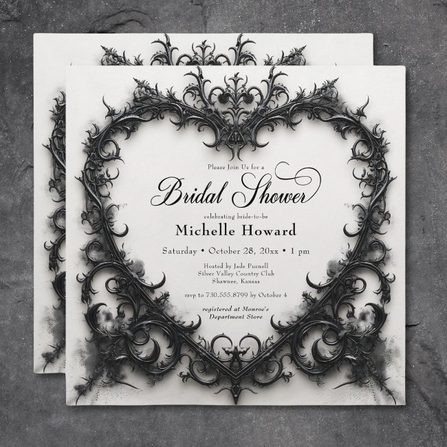 Gothic Black & White Filigree Heart Bridal Shower Invitation