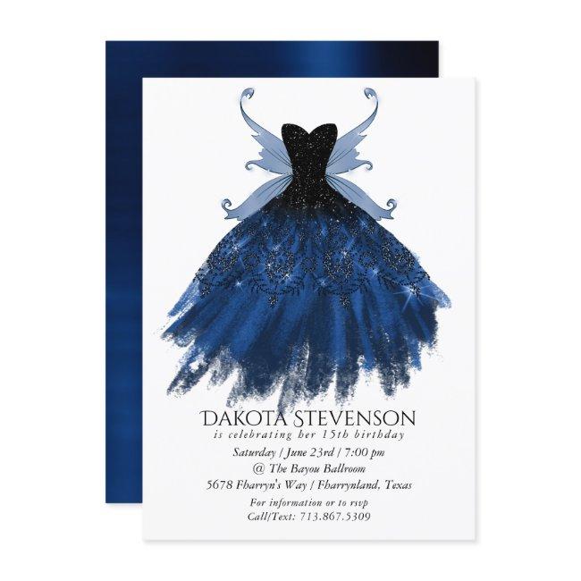 Gothic Fairy Navy Gown | Deep Cobalt Blue Sheen Invitation