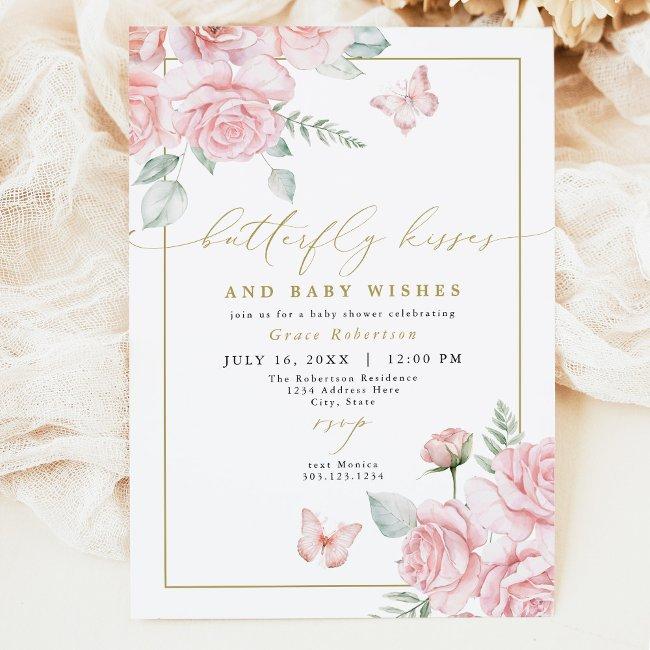 Grace Blush Floral Butterfly Kisses Baby Shower Invitation
