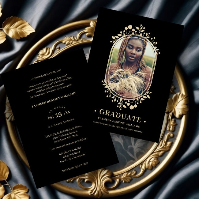 Graduate Fancy Botanical Oval Frame Golden Effect Invitation