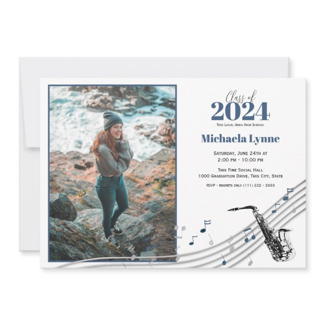 Graduation Saxophone Marching Band With Photo Invitation