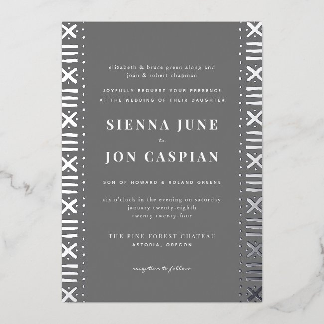Gray Boho Mudcloth Border Silver Foil Invitation