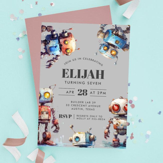 Gray Robots Tech Gear Builder Birthday Party Invitation